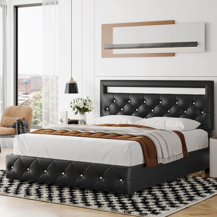 Queen size bed with store lighted headboard