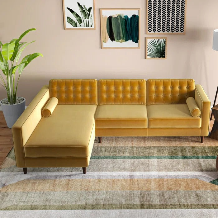 L Shape Sofa Set: Sectional is Upholstered in Tufted Velvet
