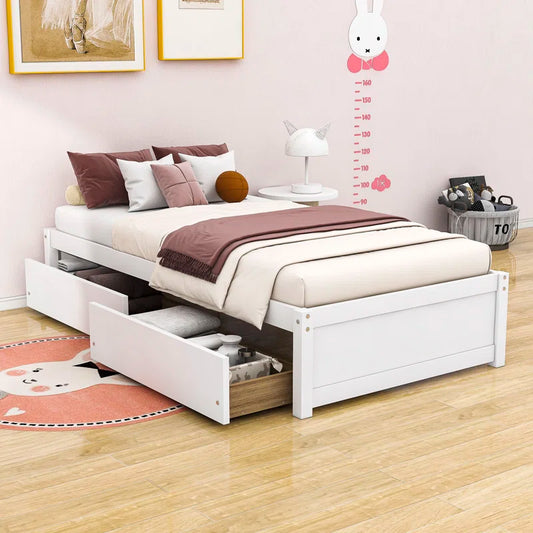 Single Bed: Wood Platform Bed with 2 Drawers