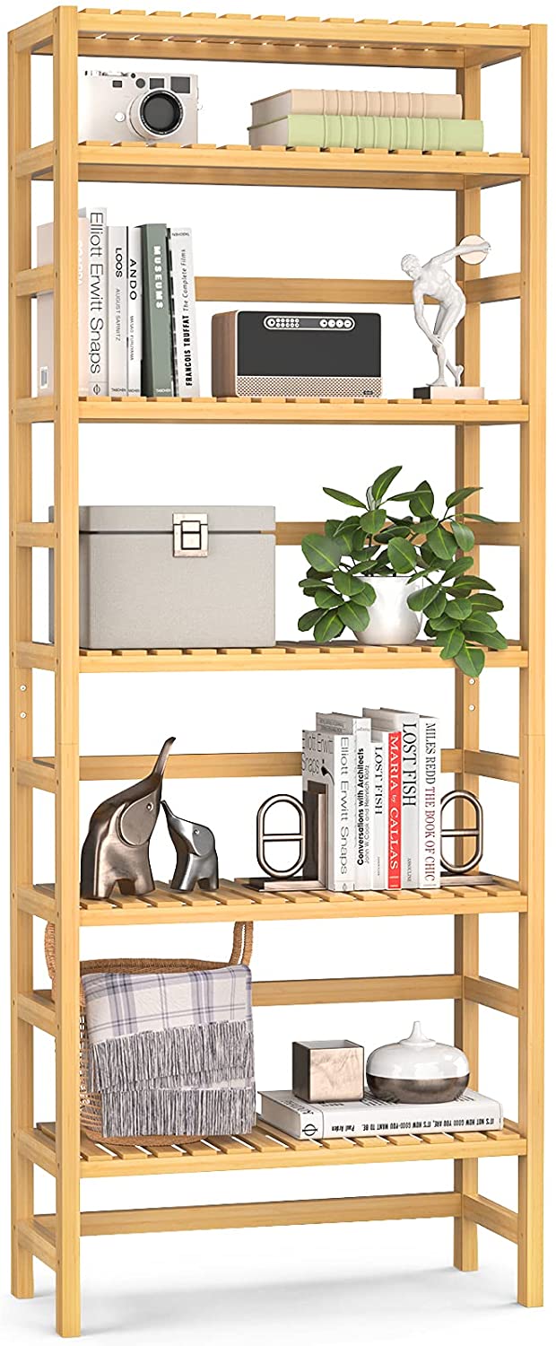Bookshelf: 6 Tiers Bamboo Adjustable Tall Book Shelf Rack Organizer 