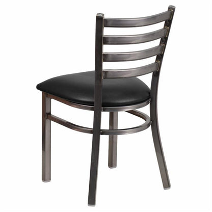 Cafe Chair: 19.5 in. Clear Coated Metal and Vinyl Ladder Back Restaurant Chair