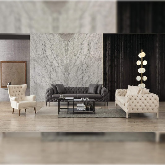 Designer Sofa Set- 2+2+1, 5 Seater Luxury Furniture Sofa Set (Grey & Cream)