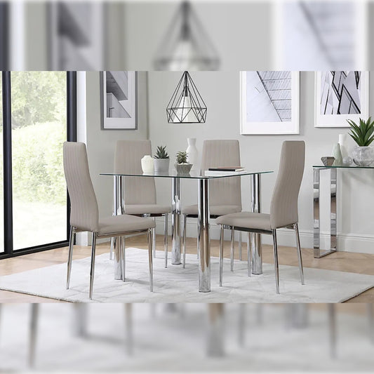 Dining Set  Eva Square Glass and Chrome Dining Table with 4 Leon Stone Grey Leatherette Chairs