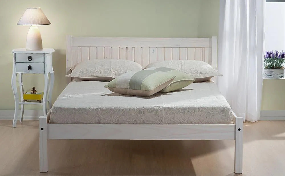 Double Bed: White Washed Wooden Double Bed