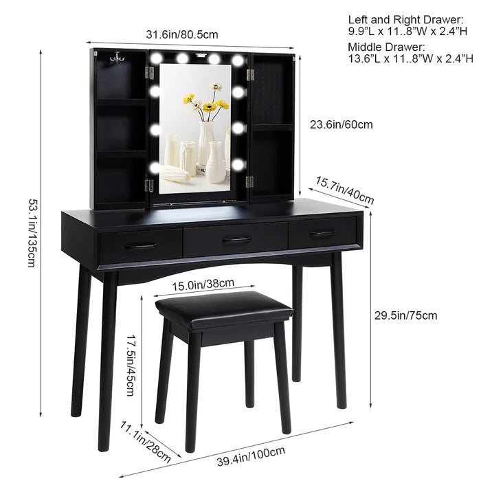 Dressing Table: 10 Led Lights Solid Wood Vanity