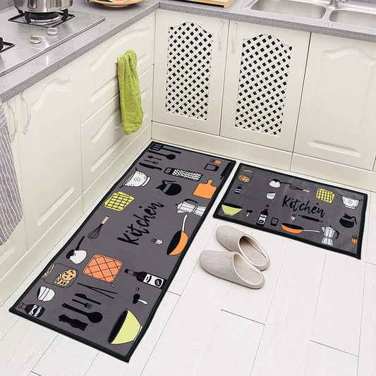 Floor Mats: Abstract Kitchen Floor Mat & Runner with Anti Skid Backing |Grey Color| Rubber |Standard Size|40 X 120 Cm& Mat -40 X 60 Cm| Combo|