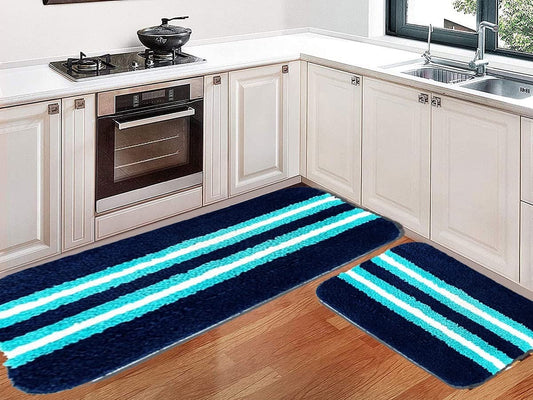 Floor Mats: Kitchen Mat and Runner with Anti Skid Backing,Colour Aqua Strip Blue (40x120(40 x 60) CM Set of 2
