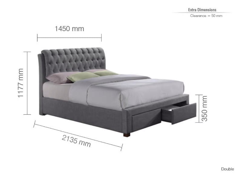 King Size Bed Grey Fabric 2 Drawer King Size Bed