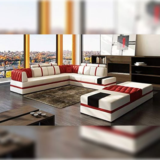 L Shape Sofa Set- Italian Corner Leatherette Sofa Set (White and Red)