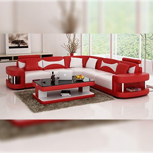 L Shape Sofa Set- Jumbo Love Leatherette Sofa Set with Center, (Red and White)
