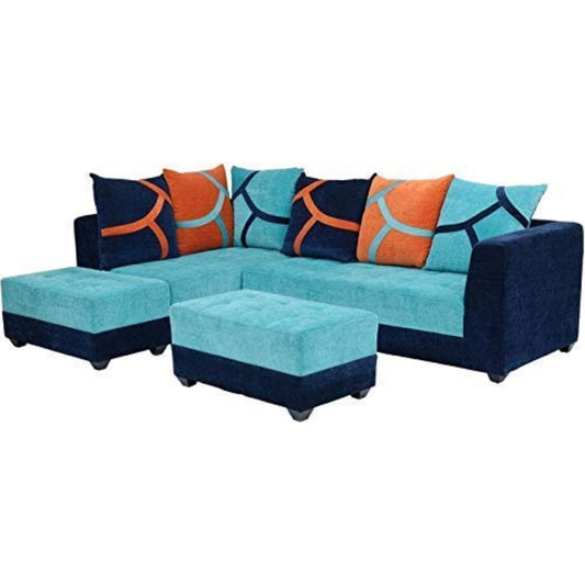 L Shape Sofa Set- Wood Fabric Sofa Set, Standard Size, (Blue)