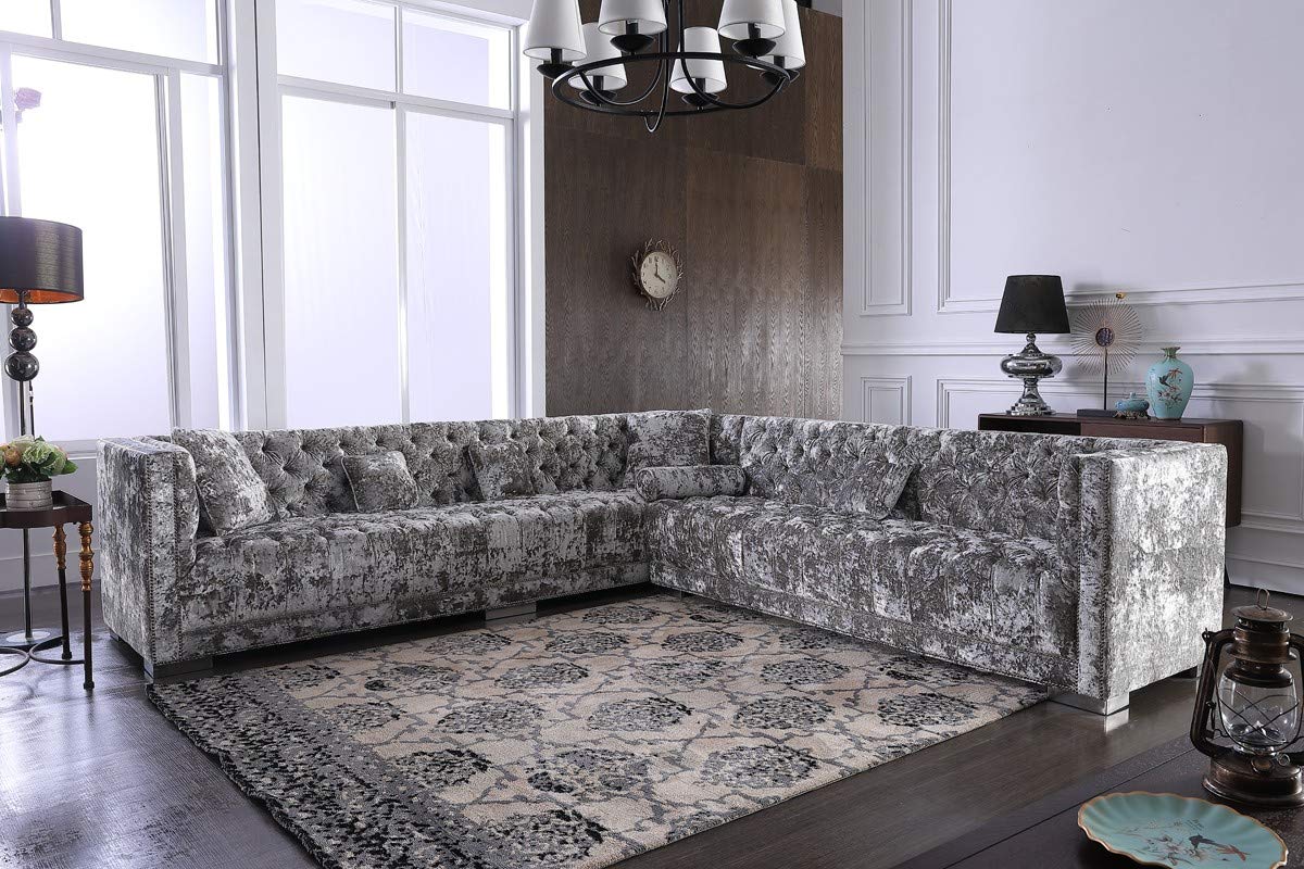 L Shape Sofa Set Modern Crushed Velvet Sectional Fabric Sofa Set (Grey)
