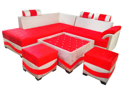 Lookchup Maharajah Wooden and Fabric L Shape Sofa Set with Center Table and 2 Puffy (Red and Grey)