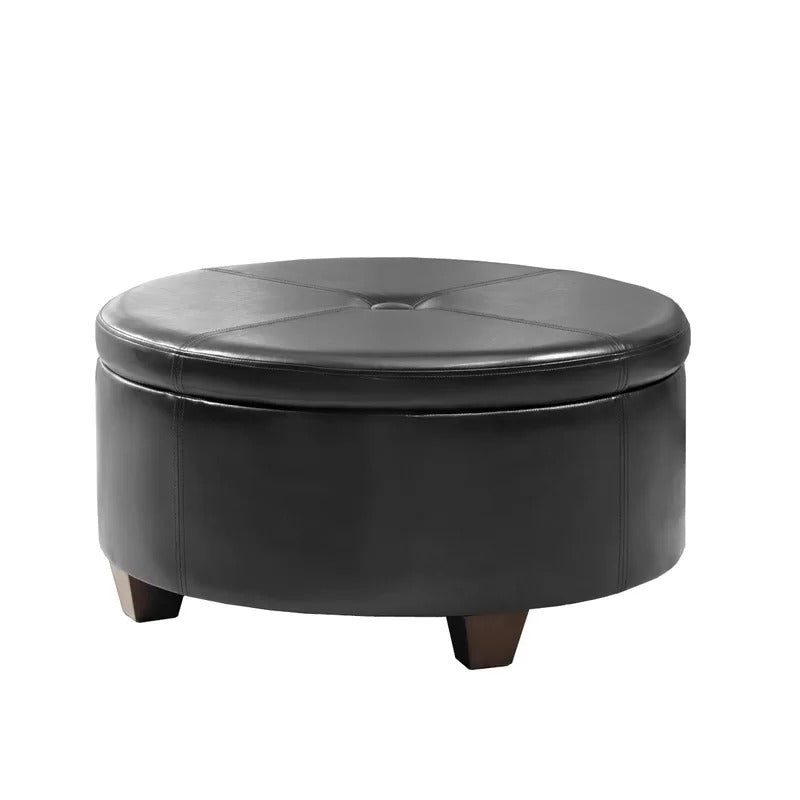 Storage Ottomans: 31.75'' Wide Faux Leather Tufted Round Storage Ottoman with Storage