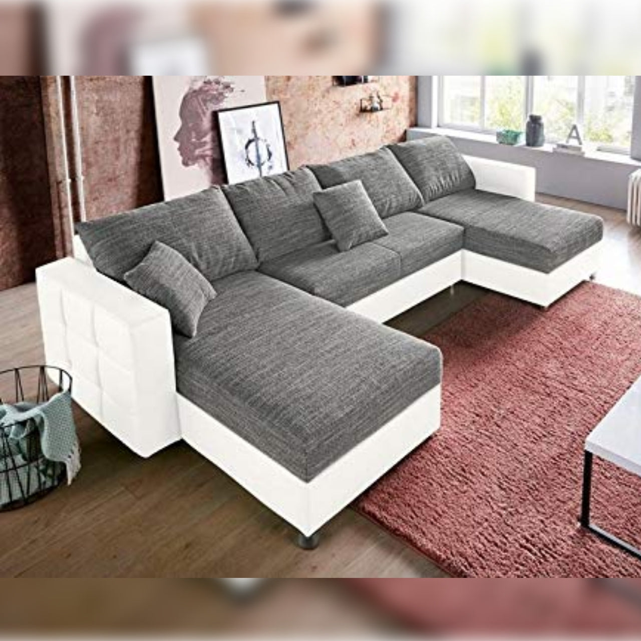 U Shape Sofa Set- Half Leatherette Sofa Set (White and Grey)