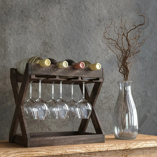 Wine Racks : 4 Bottle Solid Wood Tabletop Wine Bottle & Glass Rack in Torched Brown