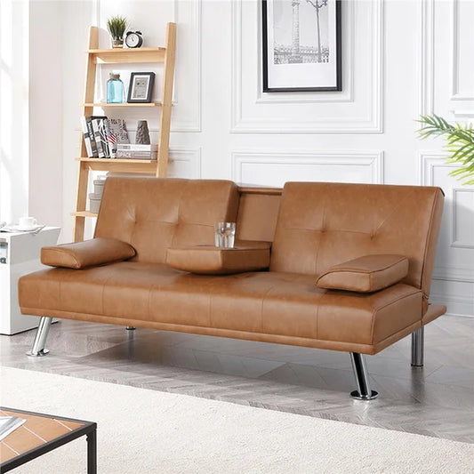 3 Seater Sofa: 66'' Wide Faux Leather Cushion Back Convertible Sofa with Cup Holder