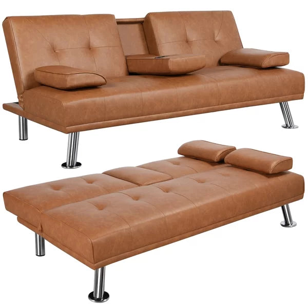 3 Seater Sofa: 66'' Wide Faux Leather Cushion Back Convertible Sofa with Cup Holder