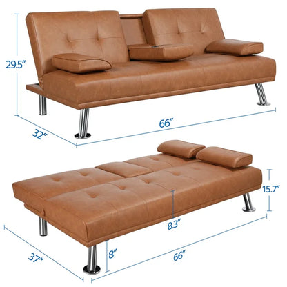 3 Seater Sofa: 66'' Wide Faux Leather Cushion Back Convertible Sofa with Cup Holder