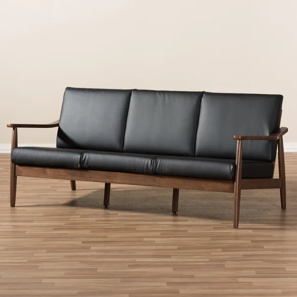3 Seater Sofa: Mid-Century Modern Walnut Wood Black Faux Leather 3-Seater Sofa