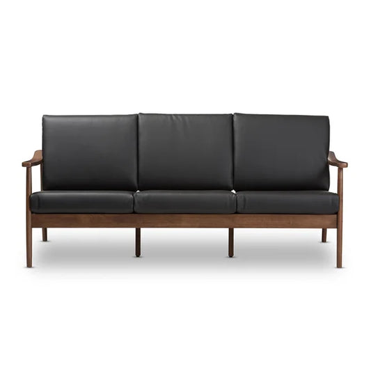 3 Seater Sofa: Mid-Century Modern Walnut Wood Black Faux Leather 3-Seater Sofa