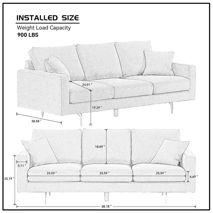 3 Seater Sofa Set: Modern Three Seat Sofa Couch With 2 Pillows_29.5" H x 87.4" W x 37.4" D