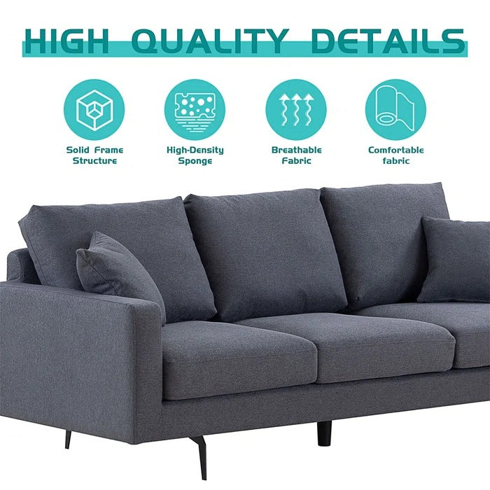 3 Seater Sofa Set: Modern Three Seat Sofa Couch With 2 Pillows_29.5" H x 87.4" W x 37.4" D