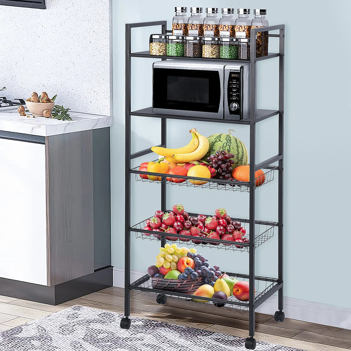 Kitchen Rack: 51.57'' H Five-Microwave Storage Rack with Wheels and La ...