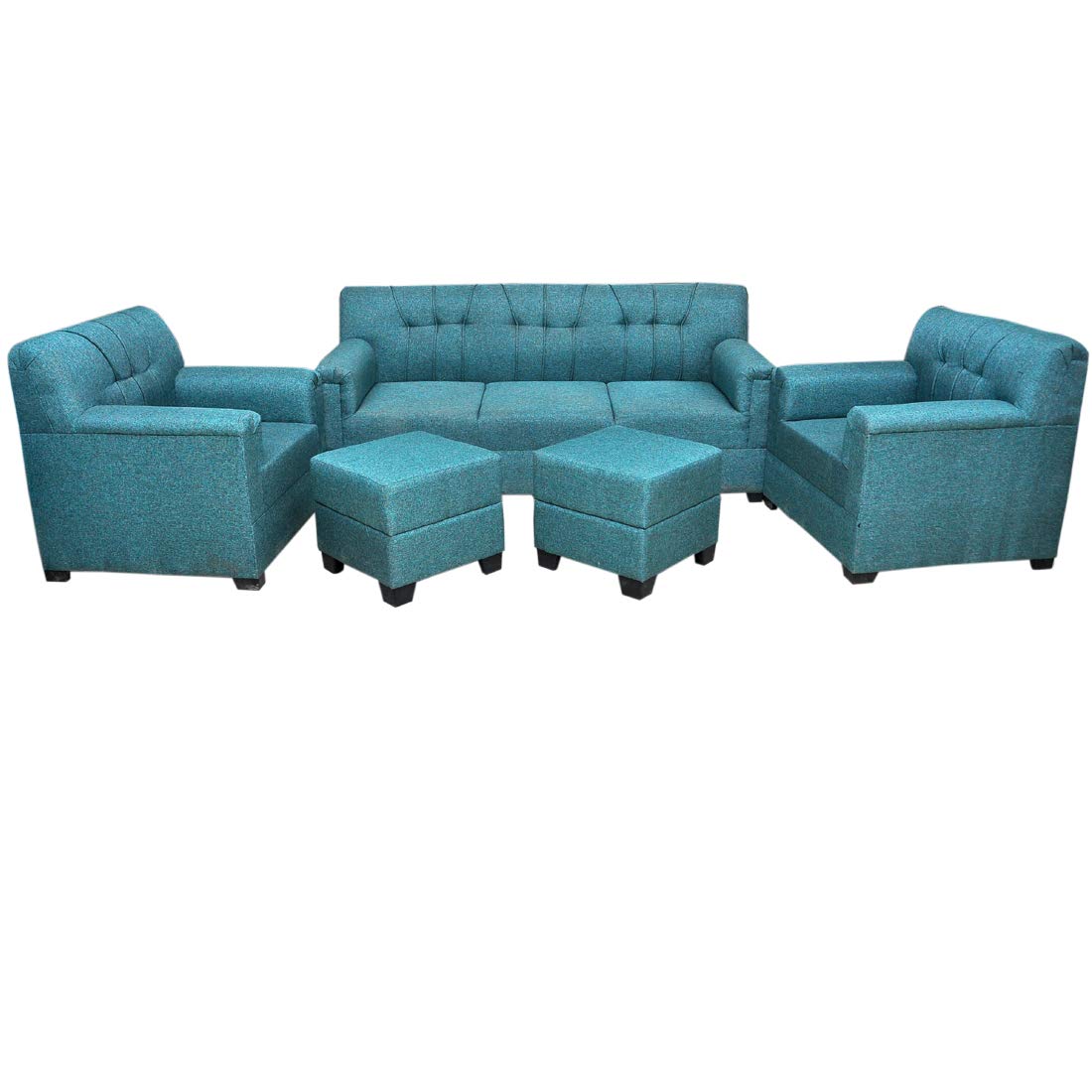 5 Seater Sofa Set: 3+1+1 Seater Sofa Set With 2 Puffy (Green, Jute)