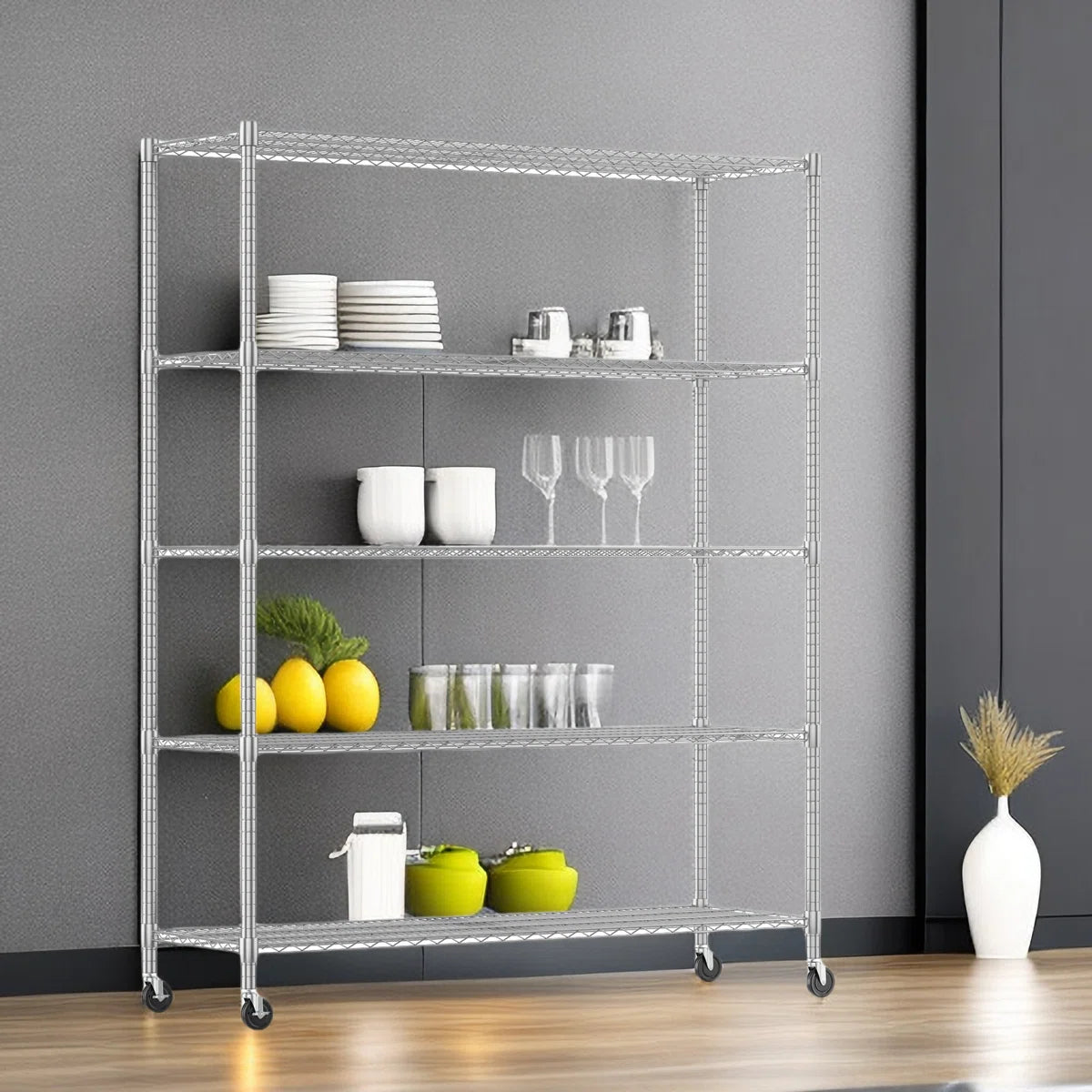 Kitchen Rack: 60'' W Steel Storage Rack with Wheels – GKW Retail
