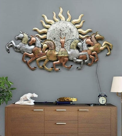 Wall Art : Iron 7 Running Horse Wall Art With LED In Metal