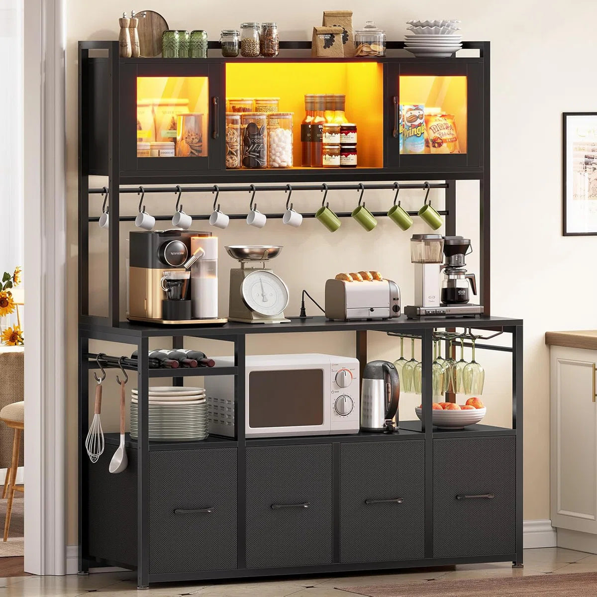 Kitchen Racks: It is a 47.2-inch microwave stand with storage and a po ...