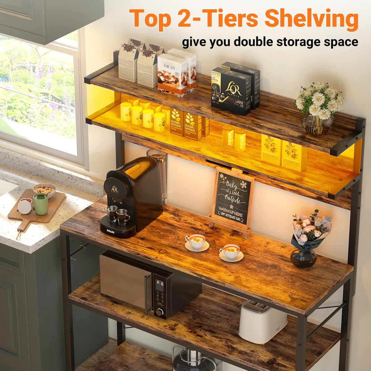 Kitchen Racks: 5 Tiers Coffee Bar Station With Led Lights, Kitchen Rac ...