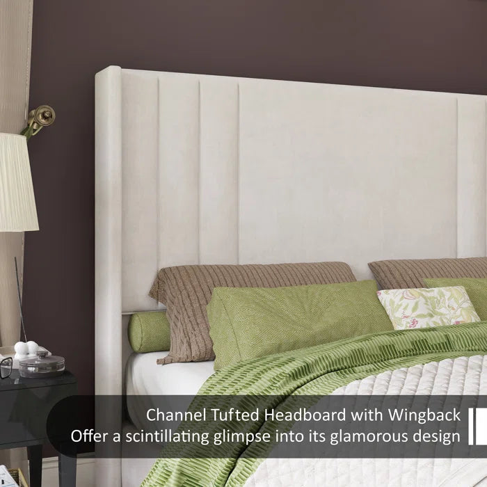 Divan Bed: Damion Velvet Upholstered Platform Bed with Vertical Channel Tufted Headboard