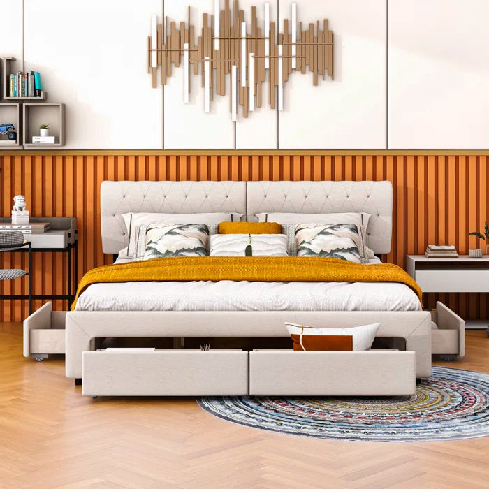 Divan Bed: Linen Upholstered Platform Bed with 4 Drawers