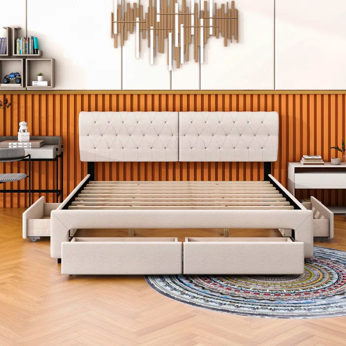 Divan Bed: Linen Upholstered Platform Bed with 4 Drawers