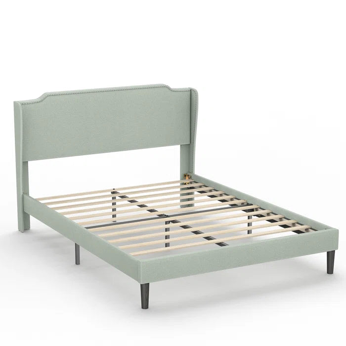 Divan Bed: Zanari Traditional Upholstered Low Profile Platform w/Wing Back/No Bed Skirt Needed/Soft Linen