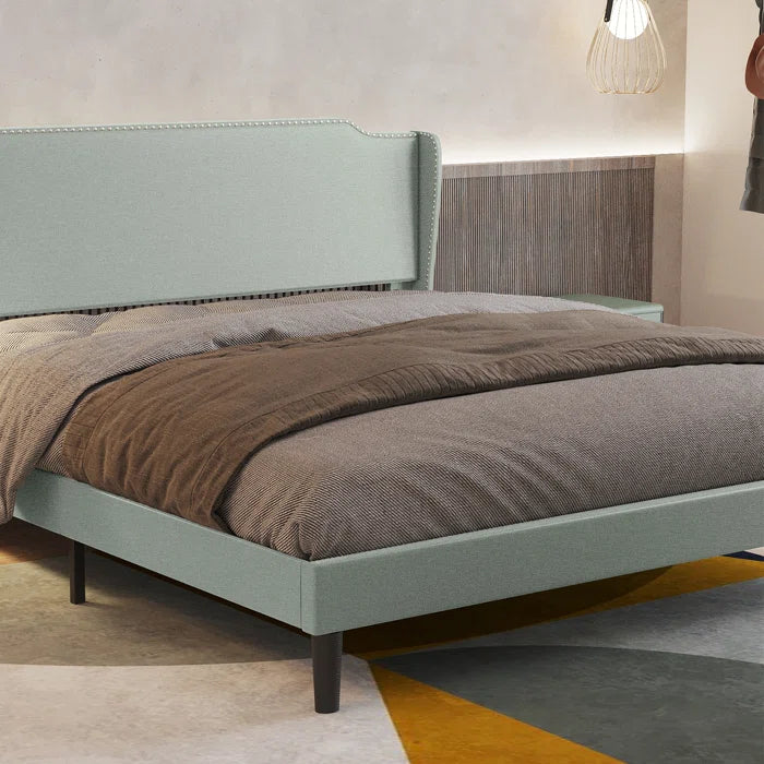 Divan Bed: Zanari Traditional Upholstered Low Profile Platform w/Wing Back/No Bed Skirt Needed/Soft Linen