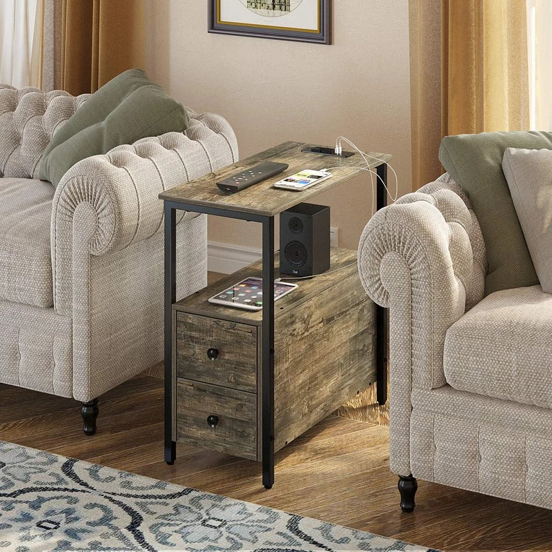 End Table: Gray End Table with 2 Wooden Drawers and USB Ports & Power Outlets