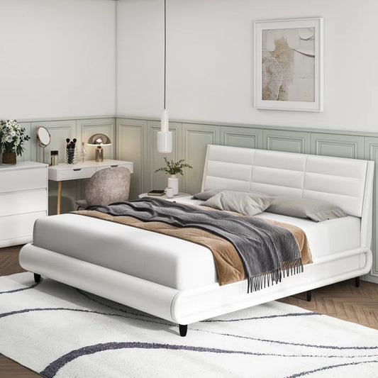 Hydraulic Bed: Arghira PU Upholstered Sleigh Platform Bed with Side Light, White