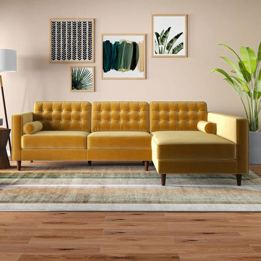 L Shape Sofa Set: Sectional is Upholstered in Tufted Velvet