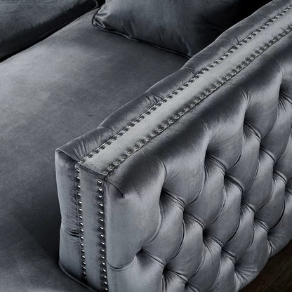 L Shape Sofa Set: Velvet Tufted Metal Y-Leg Left Facing Corner Sectional Sofa