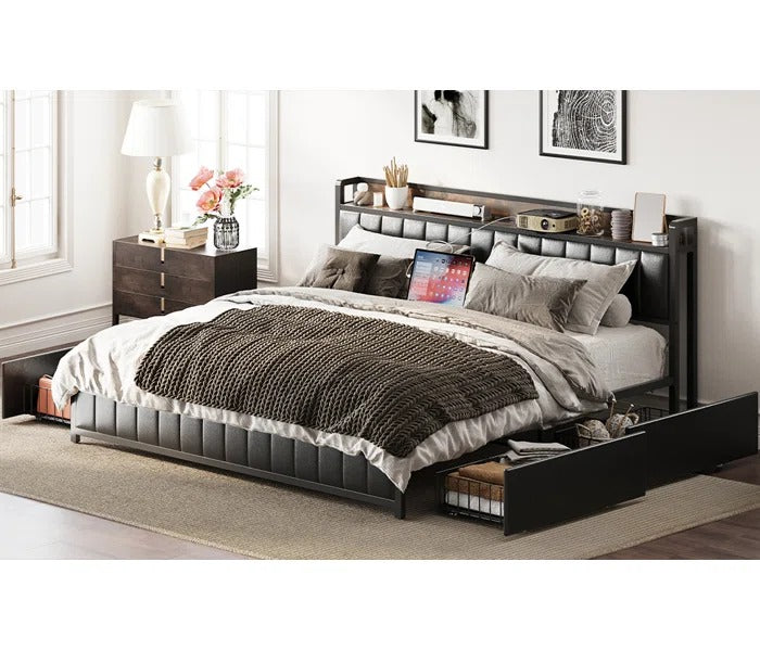 Queen Size Bed: Black PU Leather Headboard and Footboard