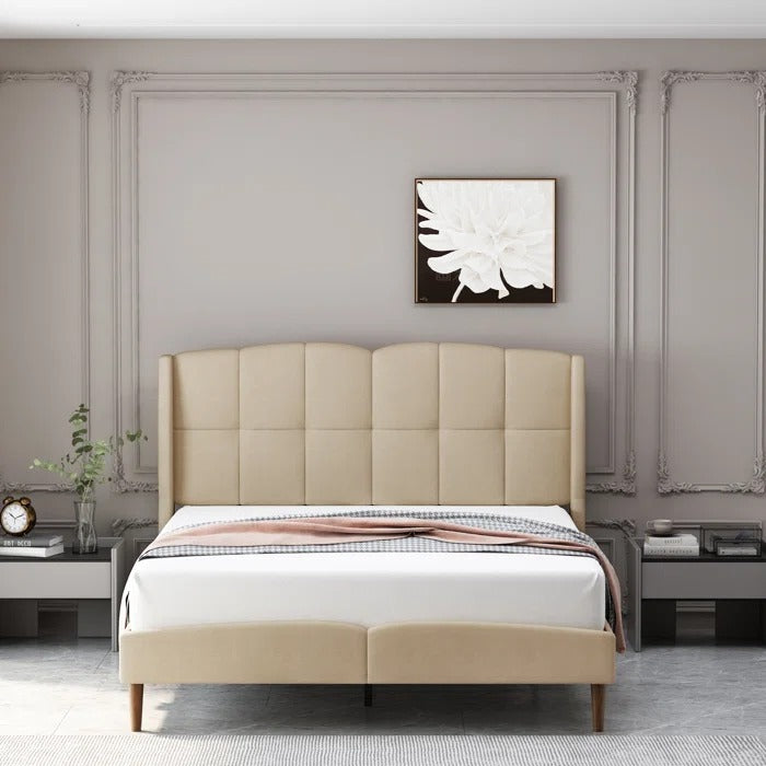 Queen Size Bed: Fabric Upholstered Bed with Wingback Design