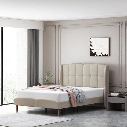 Queen Size Bed: Fabric Upholstered Bed with Wingback Design