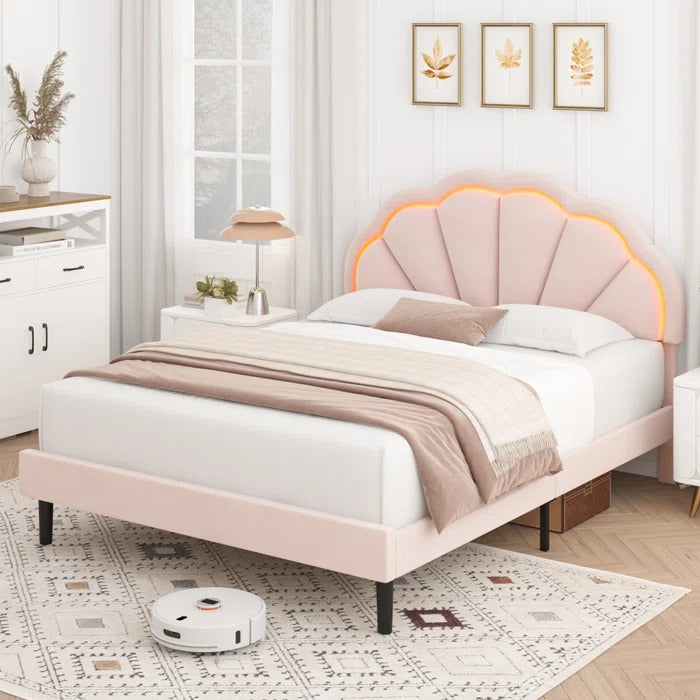 Queen Size Bed: Flower Silhouette Headboard Upholstered Platform Bed ...