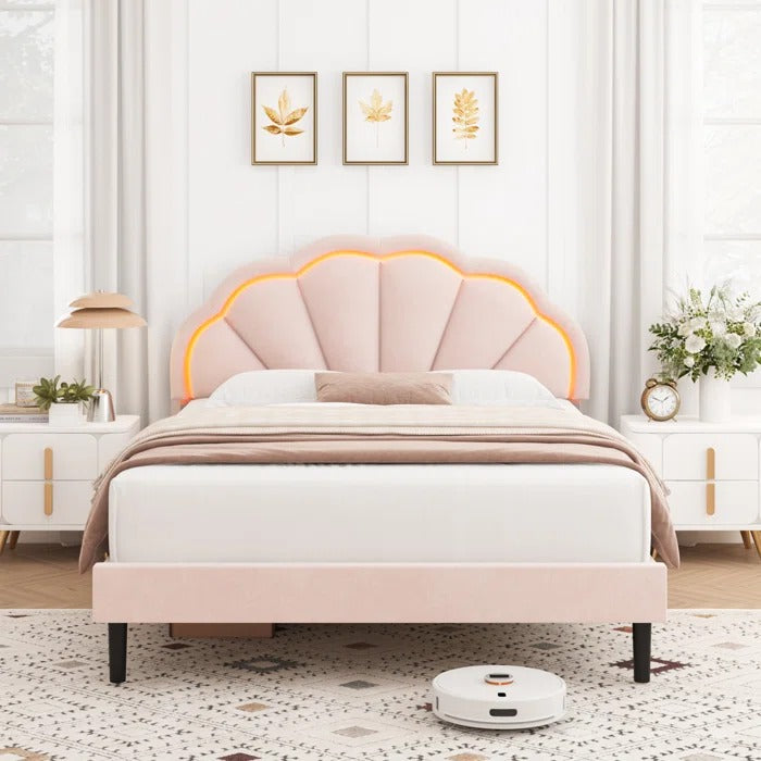 Queen Size Bed: Flower Silhouette Headboard Upholstered Platform Bed ...