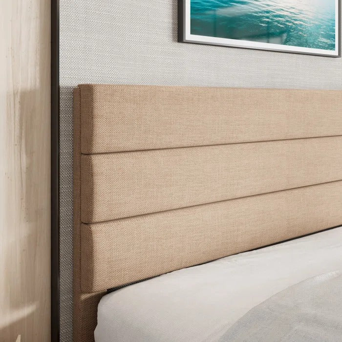 Queen Size Bed: Platform Bed with Fabric Upholstered Headboard and Wooden Slats