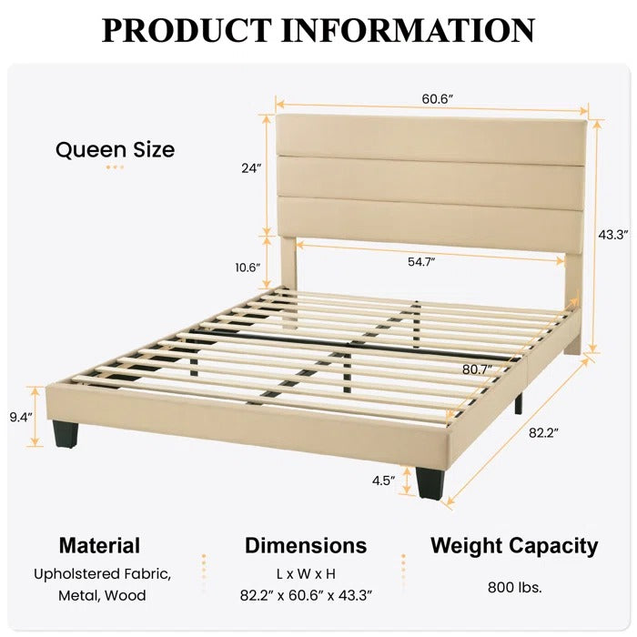 Queen Size Bed: Platform Bed with Fabric Upholstered Headboard and Wooden Slats
