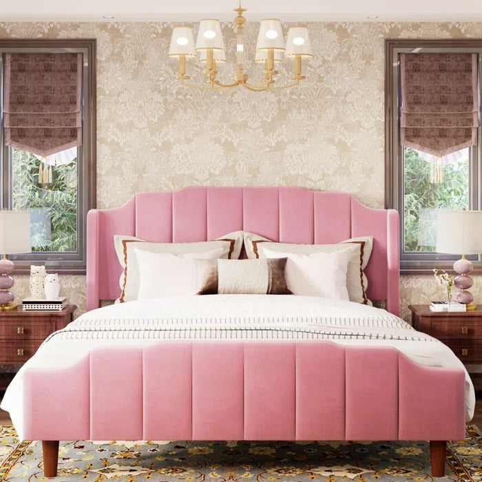 Queen Size Bed: Queen Size Modern Curved Upholstered Bed